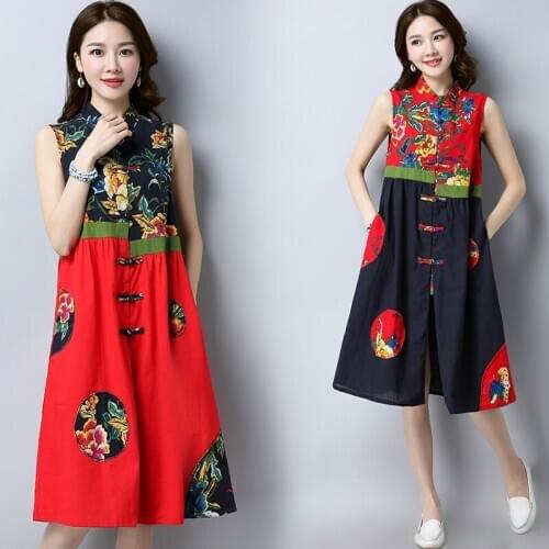2020 Chinese Style Plate Button Vestidos WomenS Summer Sundress Female Sleeveless Robe Vintage Femme Printed Maxi Dress 11136