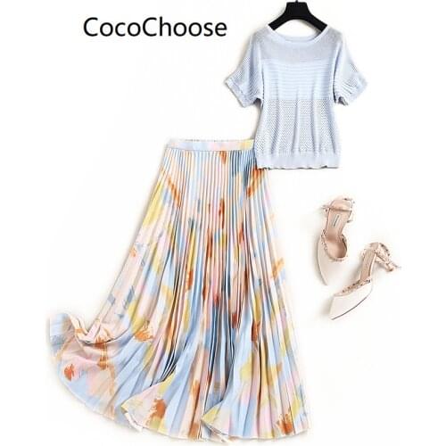 Women designer office 2 piece outfits plus size clothing set summer 2021 hollow out knitted top and pleated skirt suits twinset