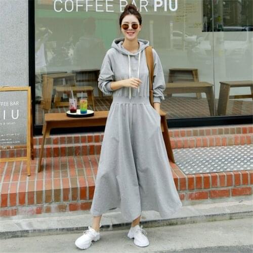 Johnature 2021 Autumn Korean Hooded Collor Loose Dress New Casual Solid Color Full Sleeve Pockets Women Dresses