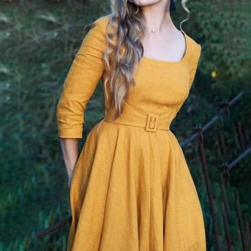 2021 New Summer Dress Womens Medieval Style Yellow Scheming High Waist Square Collar Long Skirt Womens Cosplay Dress