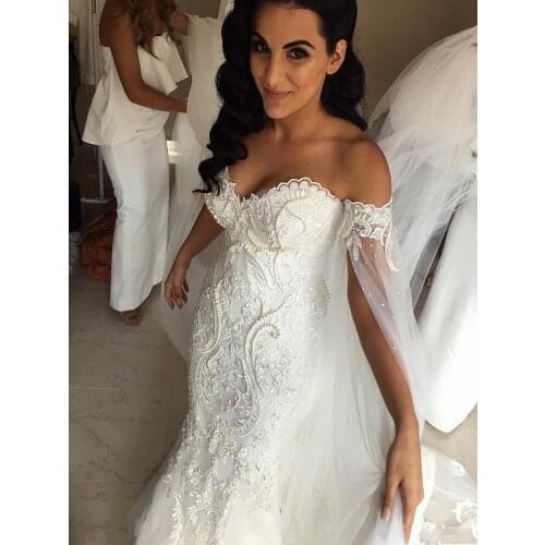 Plus Size 2019 Mermaid Wedding Dresses With Shawl Robe de mariee Applique Beading Pearls Wedding Gowns Court Train Sheath Bridal