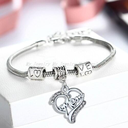 12PC Wholesale Love Heart Mom Crystal Charm Bracelet Jewelry For Women Mother Mommy Mothers Day Gifts Family Love Fashion Hot