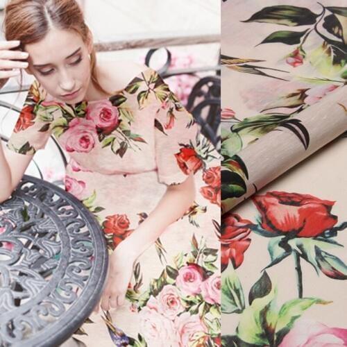 135CM Wide 12MM Pink Red Rose Print 30% Silk 70% Linen Fabric for Summer Shirt Dress A Little Transparent and Hard Fabric D924