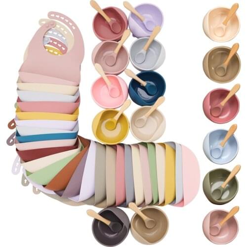 3pcs/set Baby Tableware Kids Feeding Non-Slip Bowl Waterproof Bibs wooden Spoon Bib BPA Free Newborn Accessories Set