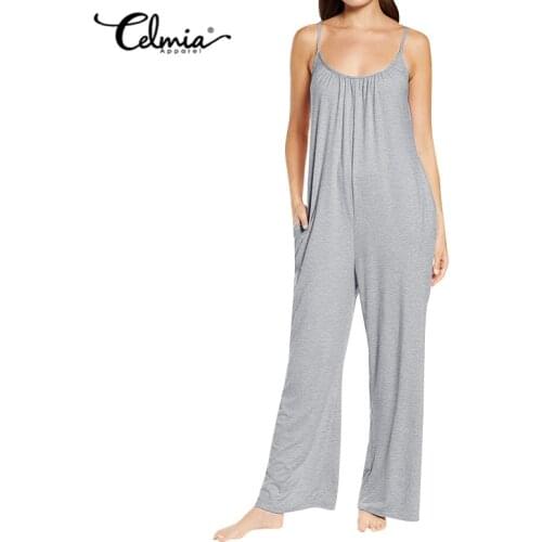 5XL Celmia 2021 Summer Women Pajamas Onesies Spaghetti Strap Sleeveless Lounge Homewear Wide Leg Pants Long Jumpsuits Sleepwear