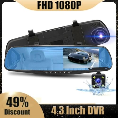 Car DVR Dashcam Video Recorder 4.3 Inch FHD 1080P Mirror Dual Lens Rear View Camera Night Vision Auto Registrator Camcorder