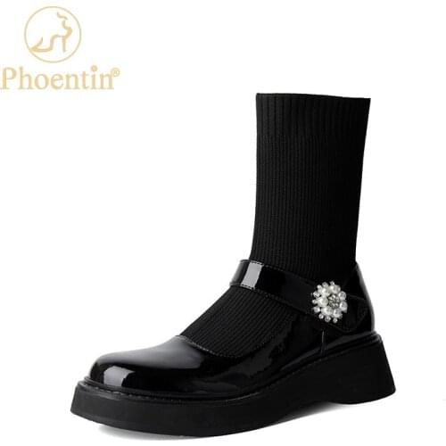 Phoentin Elegant short Sock Boots for Women Knitted patchwork Ankle boots Autumn Winter new genuine leather slip on shoes FT1693