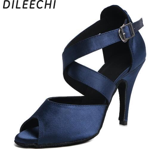 DILEECHI latin dance shoes dark blue satin womens high heel 10cm soft outsole