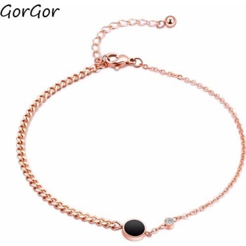 GorGor Korean Style Titanium Steel Anklets Rhinestone Womens Rose-plated Gold Half-thick Creative Anklets Bohemian 055