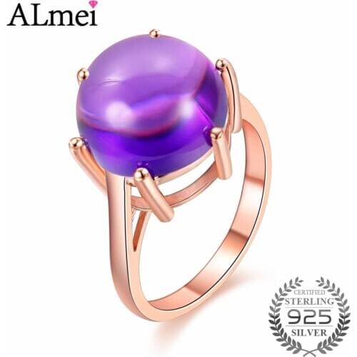 Almei Round Cut Purple Amethyst Rose Gold Color Rings Women 925 Sterling Silver Ring Fine Jewelry Engagement Ring with Box CJ043
