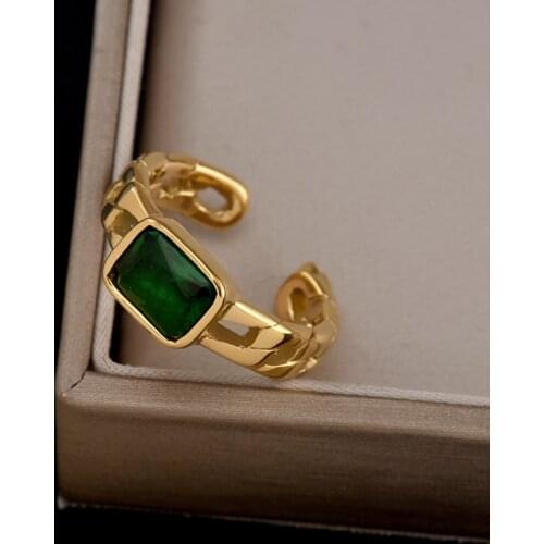 Stainless steel European and American retro minority emerald ring light luxury high sense adjustable open ring
