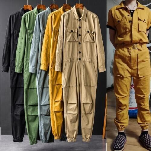 Men Cargo Overalls Punk Style Hip-hop Pockets Pants Loose Long Sleeve Rompers Men Jumpsuit Streetwear Work overall Show costume
