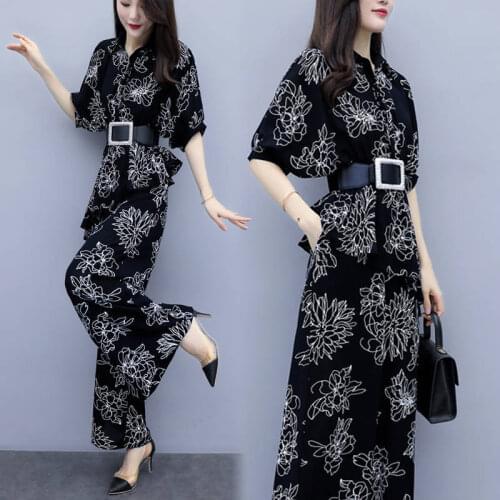 Summer Chiffon Suit Female Fashion Print Pantsuits 2021 2 Piece Woman Set Irregular Hem Turn Collar Top & Wide Leg Pants Clothes