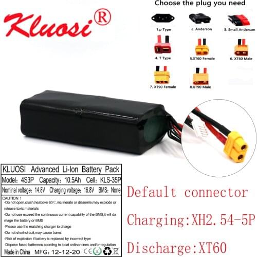KLUOSI 16.8V Li-ion Battery 14.8V 10.5Ah 10Ah 4S3P High Capacity UAV Rechargeable for Various RC Airplane Drone Quadrotor XT60