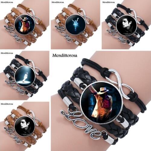 Mendittorosa Michael Jackson Glass Cabochon Multilayer Black/Brown Leather Bracelet Bangle For Women Handmade Colorful Peacock