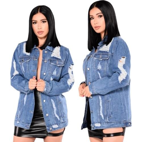Solid color ripped denim jacket women loose casual blue womens coat womens jacket denim womens winter womens jacket streetwe