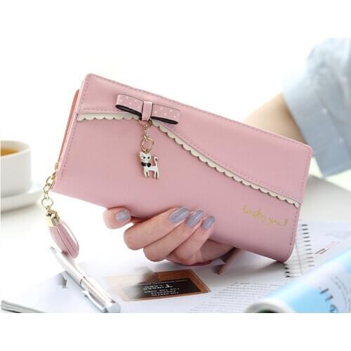 Wholesale Lovely Cat Wallets Womens PU Leather Wallets Coins Lady Bow Lace Long Purse Clutchs Bills Tassel Bag Clutch