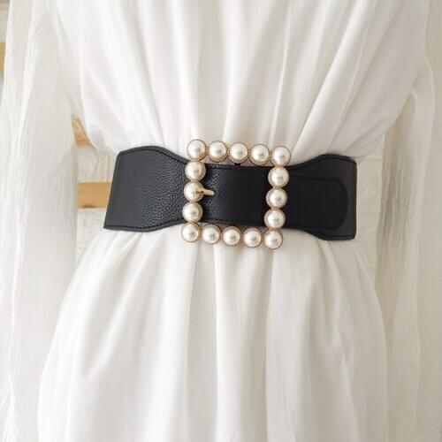Big Pearl Gold Square Buckle Waistbands Lady All Match Punk White Stretch Belts Black Wide Waist Seal Women Skirt Wedding Dress