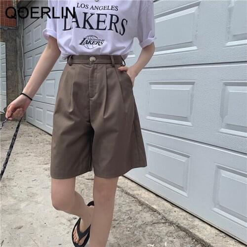 QoerliN Stylish Women Summer Thin Suits Shorts Welt Pocket Loose High Waist Suit Shorts Wide Leg Zipper Fly Khaki Gray Shorts