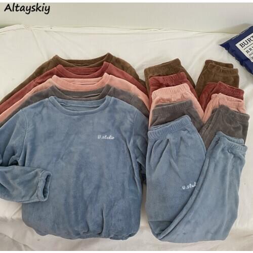 Thickening Pajama Sets Women Korean Chic Simple Daily Loose Autumn Ladies 2 Piece Sleepwear Casual Couples Homewear Round Neck