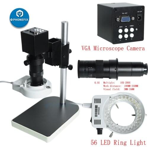 VGA 38MP HDMI Video Microscope Camera +130X/200X/250X Adjustable Zoom C Mount Lens + 56 LED Ring Light For PCB Phone Repair
