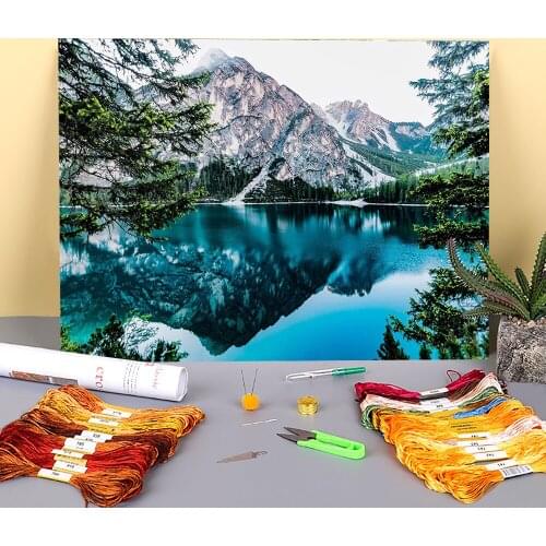 Nature Landscape Printed Water-Soluble Canvas 11CT Cross Stitch Embroidery Set DMC Threads Painting Handiwork Floss