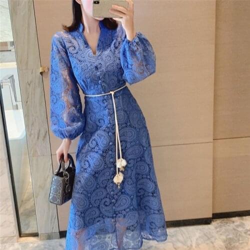 Elegant Hollow Out Women Dress Lantern Sleeve High Waist Bandage With Belt Long Dresses Female Fashion