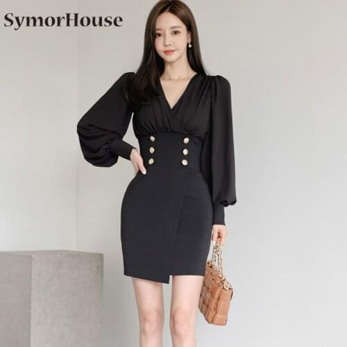 Elegant White Black Short Party Night Club Dress 2021 V-neck Lantern Sleeve Slim OL Pencil dresses Summer Autumn