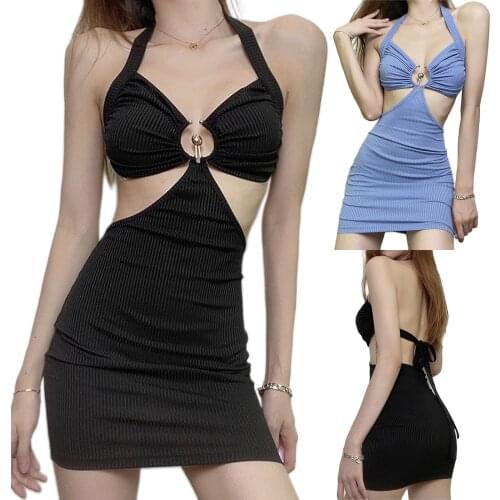 Womens sexy halter neck V-neck tie wrap chest sleeveless dress fashion metal ring hollow backless slim fit hip mini dress /F