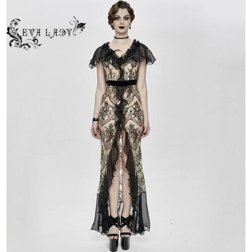 EVA LADY Womens Gothic Applique Short Sleeve Dress Shawl Sleeve V Neck Summer Prom Stage Performance Skirts