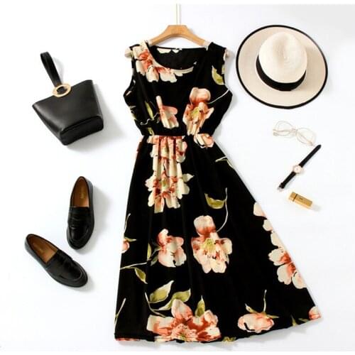 2021 Summer Womens Beach Dress Printed Chiffon Dress Round Neck Sleeveless Wild Graphic Dresses 29 Colors ML810