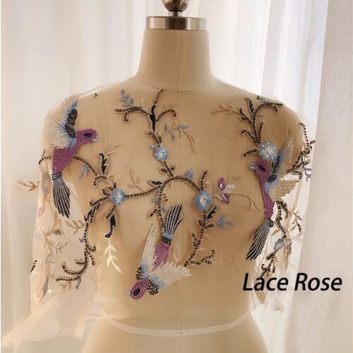 1Pcs Flower Gauze Embroidery Bead Patch For Wedding/Evening Dress Sew On Accessories Clothing Decoration Lace Fabrics Applique