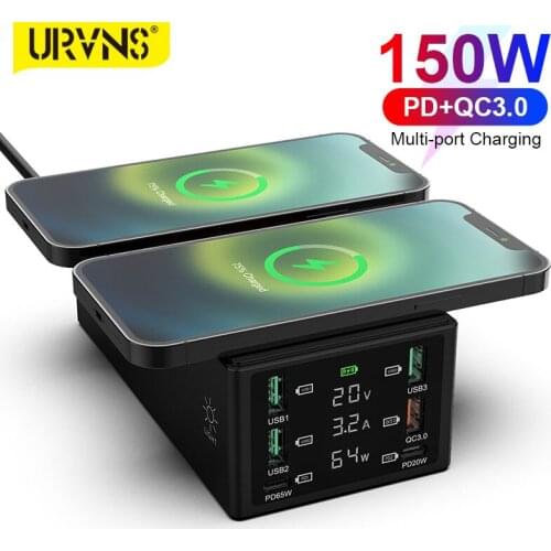 URVNS Wireless Charger, 6-Port Desktop Charging Station with Quick Charge 3.0, 65W USB C Port and LCD Display For Phones, Tablet