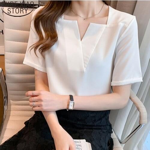 Office Lady Fashion Solid 4 Colors V-neck Women Blouses 2021 New Summer Temperament Short Sleeve Shirt Women Tops Blusas 15275