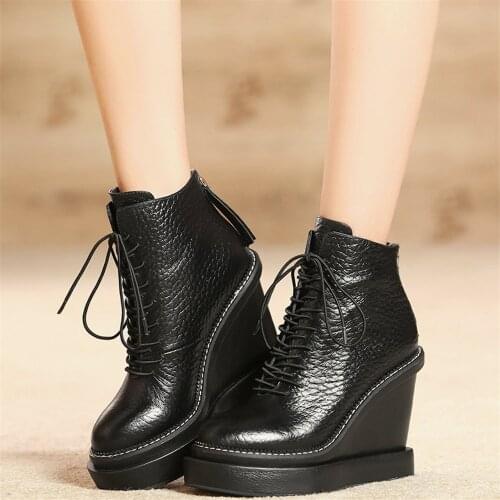 Oxfords Women Lace Up Genuine Leather Wedges High Heel Motorcycle Boots Female High Top Round Toe Fashion Sneakers Casual Shoes