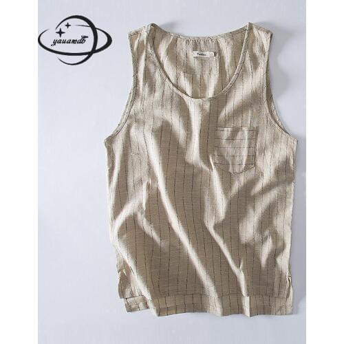 Mens Tank Tops Summer Male Tees Clothing O-neck Striped Linen Casual Loose Ventilation Sleeveless Man Clothes H45