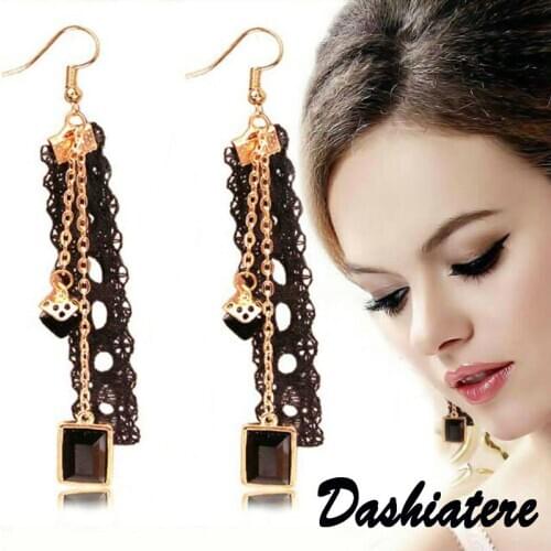 Geometric Square Pendant Earrings for Women Sexy Black Lace Ribbon Tassel Long Ear Accessories Female Fashion Statement Jewelry