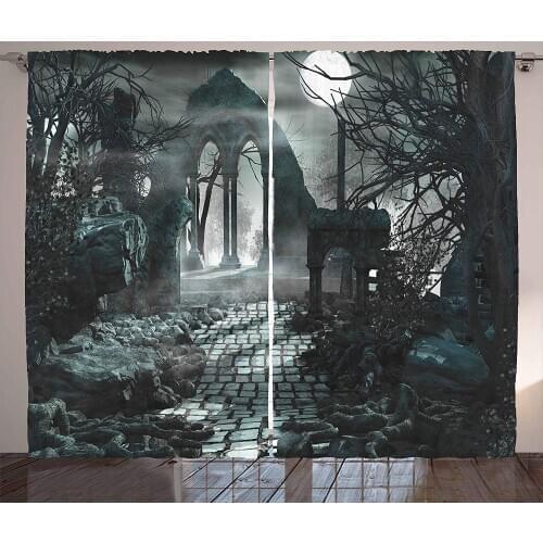 Gothic Curtains Full Moon Light Over Medieval Temple Ruins at Night Dark Scary Backdrop Living Room Bedroom Window Drapes