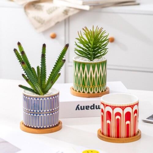 Ceramic Flowerpot Bamboo Wood Support Succulent Simple Office Table Decoration Stick Flowerpot Creativity Green Vase