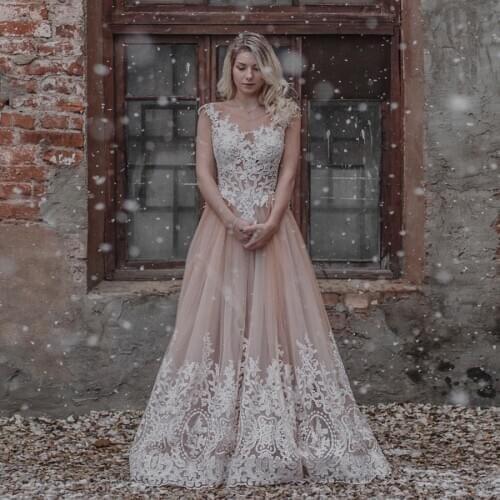 Scoop Neckline Dark Champagne Sleeveless A-line Lace Applique Wedding Dress Open Back Sweep Train Bridal Gowns