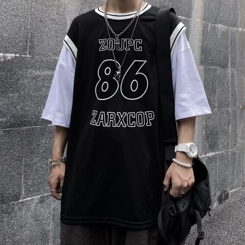 Hip Hop Summer Patchwork Fake Two Pieces Number Print T-Shirts All-Match Hit Color Punk Style Clothes High Quality Harajuku Top