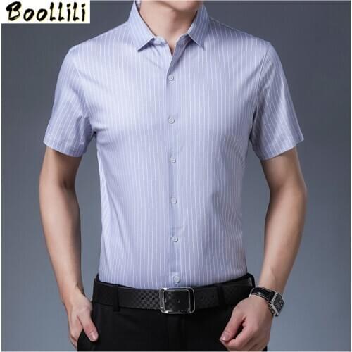 Boollili Men Shirts Real Silk Stripe Shirt Summer Clothes Mens Short Sleeve Shirt Single Breasted Dress Shirts