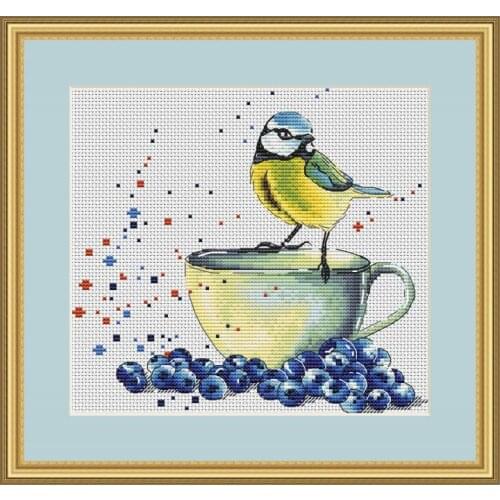 Cross stitch kit Animal cotton thread Love lock canvas stitching embroidery Blueberry Fruit Tea and Tit