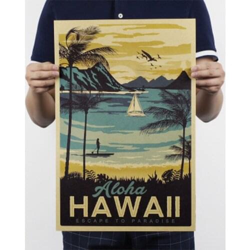 Aloha Hawaii Famous Tourist Landscape Painting Kraft Paper Bar Poster Vintage Decorative Painting Wall Sticker cuadros 51x34cm