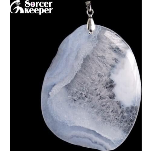 Real Natural Gem Stone Blue Chalcedony Crystal Necklace & Pendant Polished Agates Slice Beads For For Women Jewelry Making BE362