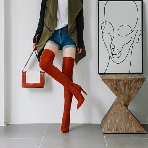 2019 spring and autumn new thin knee boots stovepipe stretch boots female black pointed thick heel high heel high tube long tube