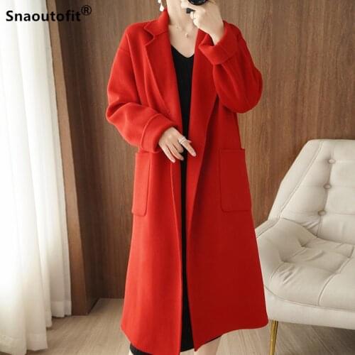 2021 Autumn Winter New 100% Wool Double-Sided Woolen Coat Womens Mid-Length Loose Profile Solid Color Pocket High-End Coat Top