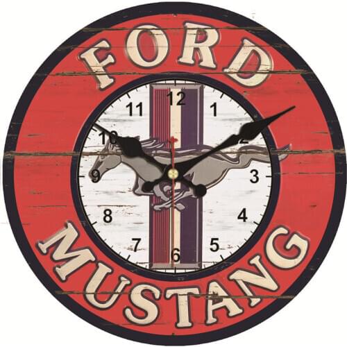 Shabby FORD MUSTANG Red Wall Clocks,Vintage Wooden Wall Clock, Battery Operated Roman Numeral Non Ticking Large Wall Watches