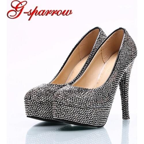 Fashion Mine Black Women Party Prom Shoes Sparkling Crystal Nightclub High Heels Round Toe Wedding Party Pumps Large Size 11