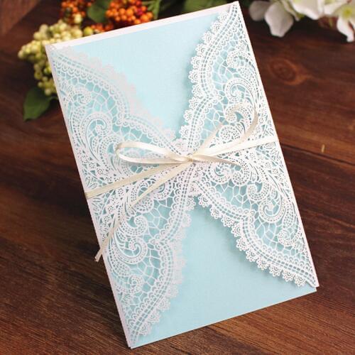 Rustic lace invitation cards white blue for wedding birthday party flower laser cut butterfly ribbon decorated